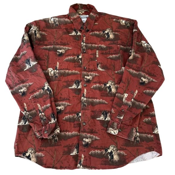 COLUMBIA RIVER LODGE LONG SLEEVE DOG/DUCK AOP RED BUTTON UP MENS LARGE |‎ E2 - Picture 2 of 7